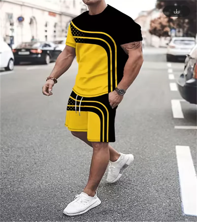 Novo design de moda camiseta masculina esportes com cordão shorts simples impresso masculino 2 peças verão conjunto respirável