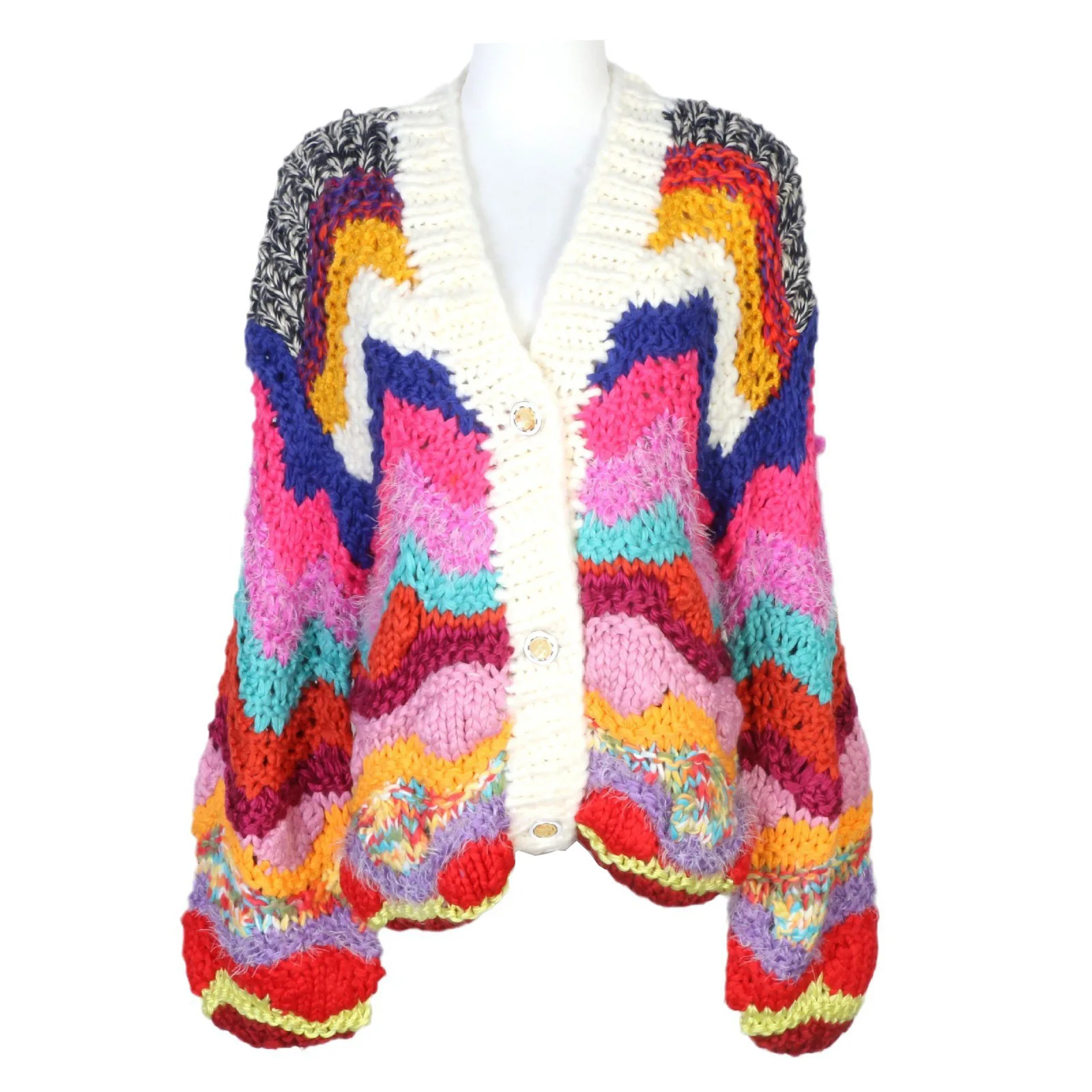 

2025 Autumn And Winter Sweater Cardigan Jacket Rainbow V-neck Single-breasted Loose Bohemian Sweater Warm Thick Knitted Cardigan