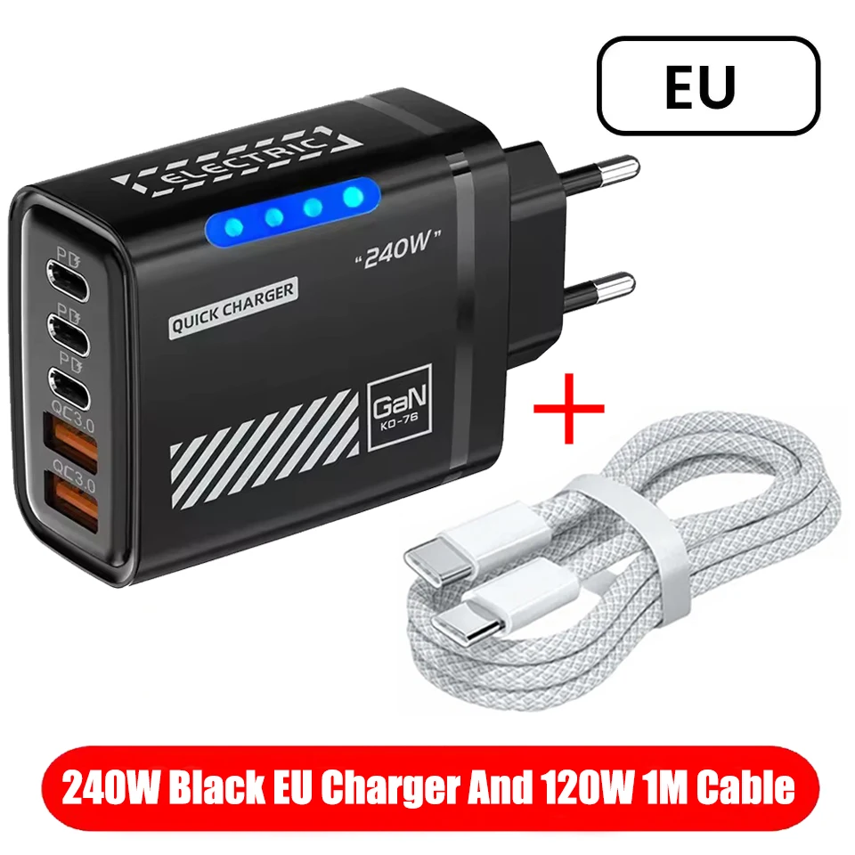 5-in-1 GaN bureaulader voor iPhone 17, 16 Pro, laptop, Samsung, 240W snellaadadapter, USB-C naar Type-C kabel, 3PD, 2USB-lader