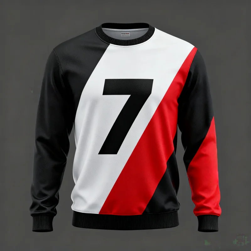 

3D Printed Bold Number 7 Long - Sleeve Shirts with Striking Red, Black & White Color Blocks – Perfect for Sports Enthusiasts
