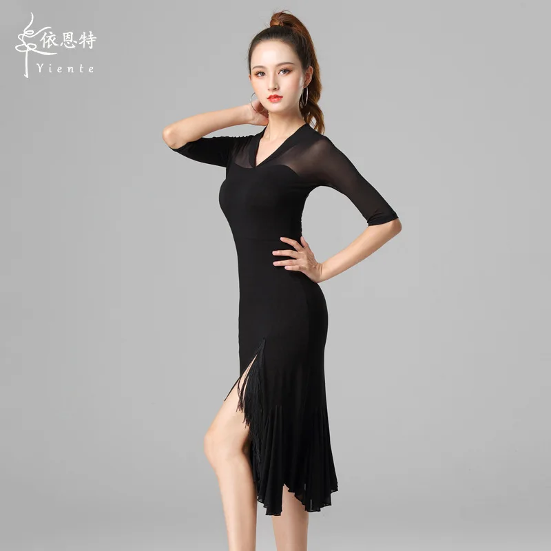 1pcs/lot modern style woman modal latin dance long dress lady half sleeve tassel v-neck cha cha dancing dress