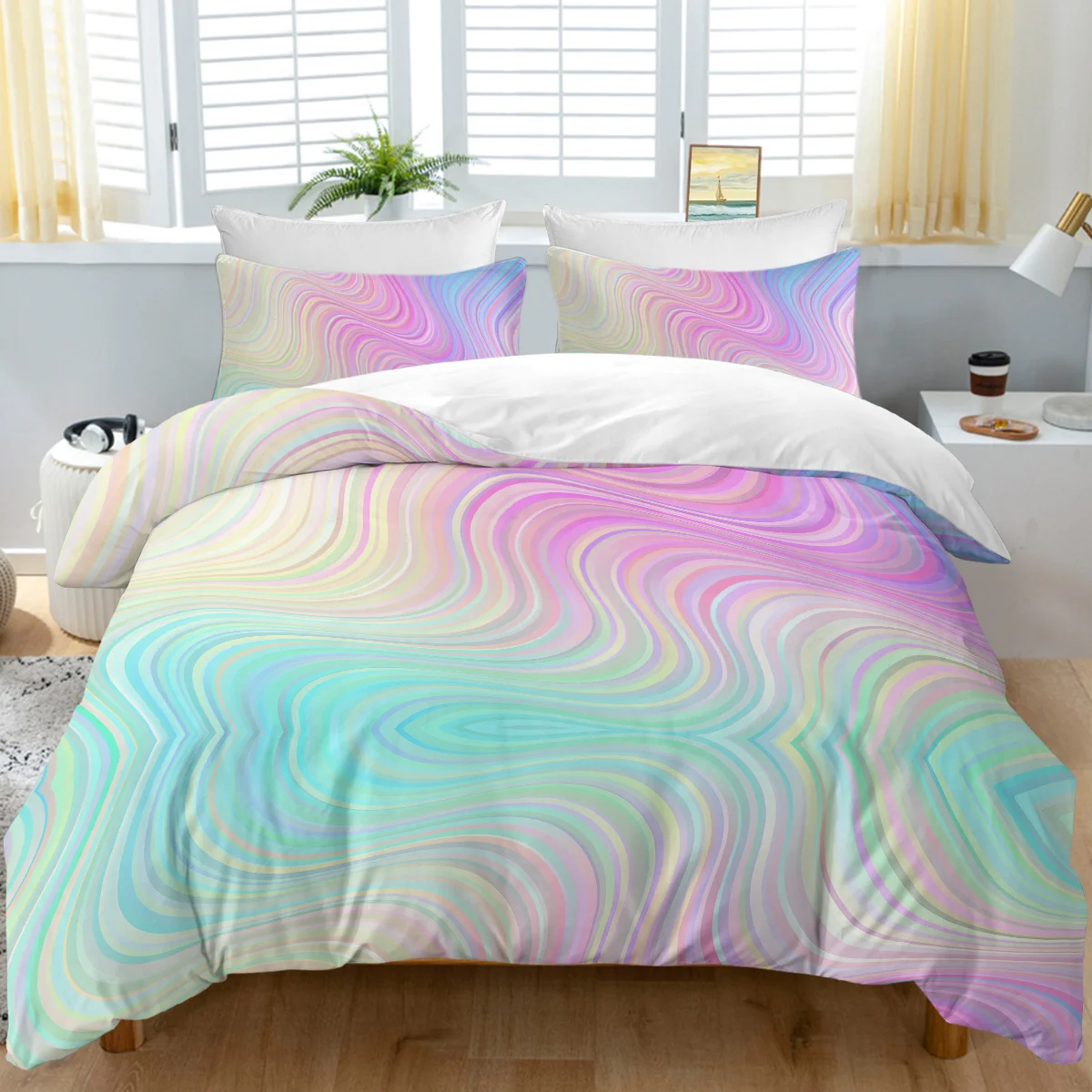 

3pc Colourful Gradient Ripple Design Bedding Set for Kids and Adults Duvet Cover with Zipper Closure 2 Pillow Cases