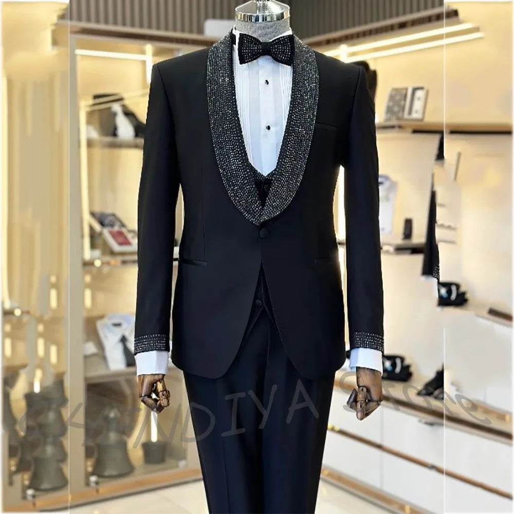

Роскошный мужской костюм с пайетками, 3 предмета: приталенный, элегантный, с шалевым воротником, на одной пуговице, для жениха, свадебный комплект, смокинг