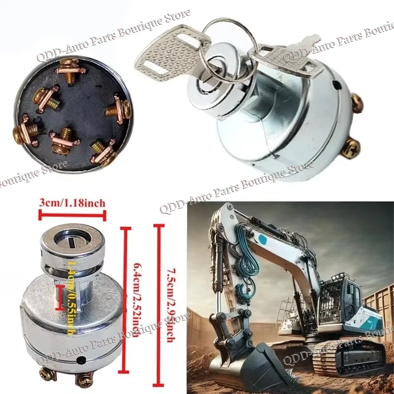 

12V Car Tractor Excavator Ignition Starter Key Switch for YN50S00002F1 Kobelco SK200-3 SK200-5 4 Position 6 Terminal 2 Keys