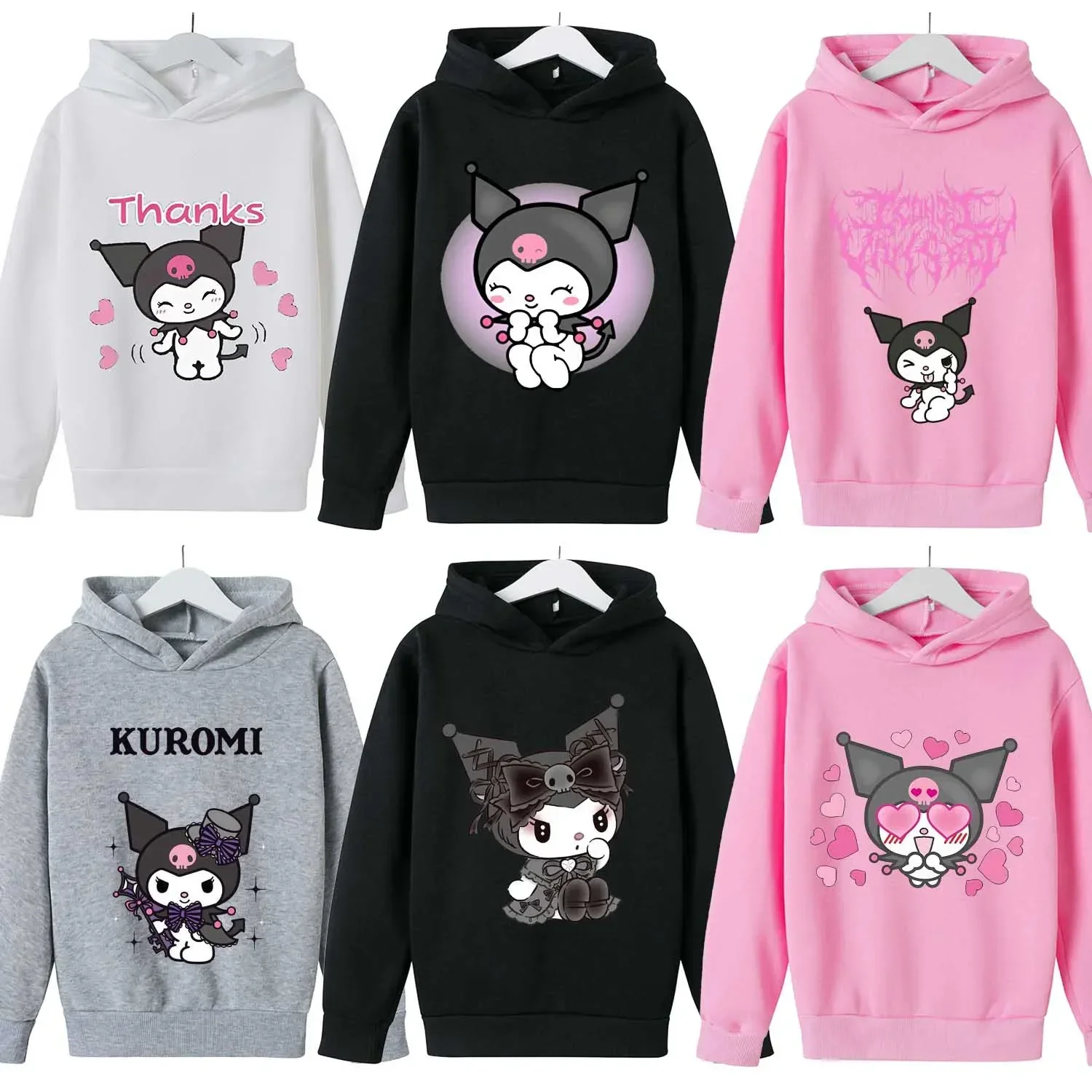 Kuromi Thick Hoodie for Children Cute Sanrio Cartoon Fleece Clothing for Girls Trendy Hoodies Clothes Sweatshirt Christmas Gift