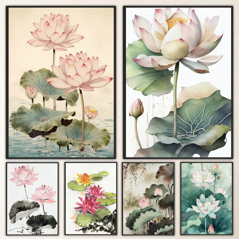 Pinturas en lienzo chinas de loto y acuarela Vintage, póster de flores, arte autoadhesivo, pegatina de papel impermeable, decoración de pared, 1 ud.