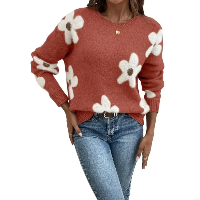 Bild 6: Y3NE Damen-Pullover mit Blumenmuster, Rundhalsausschnitt, Langarm, lässig, lockerer Strickpullover
