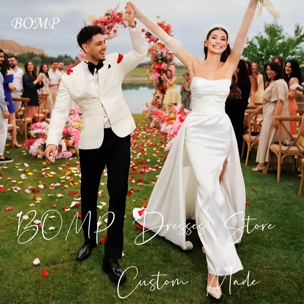 

BOMP Simple Ivory Wedding Dress Strapless Pleat Mermaid Slit Detachable Train Taffeta Bridal Gown Customized Robe de mariée