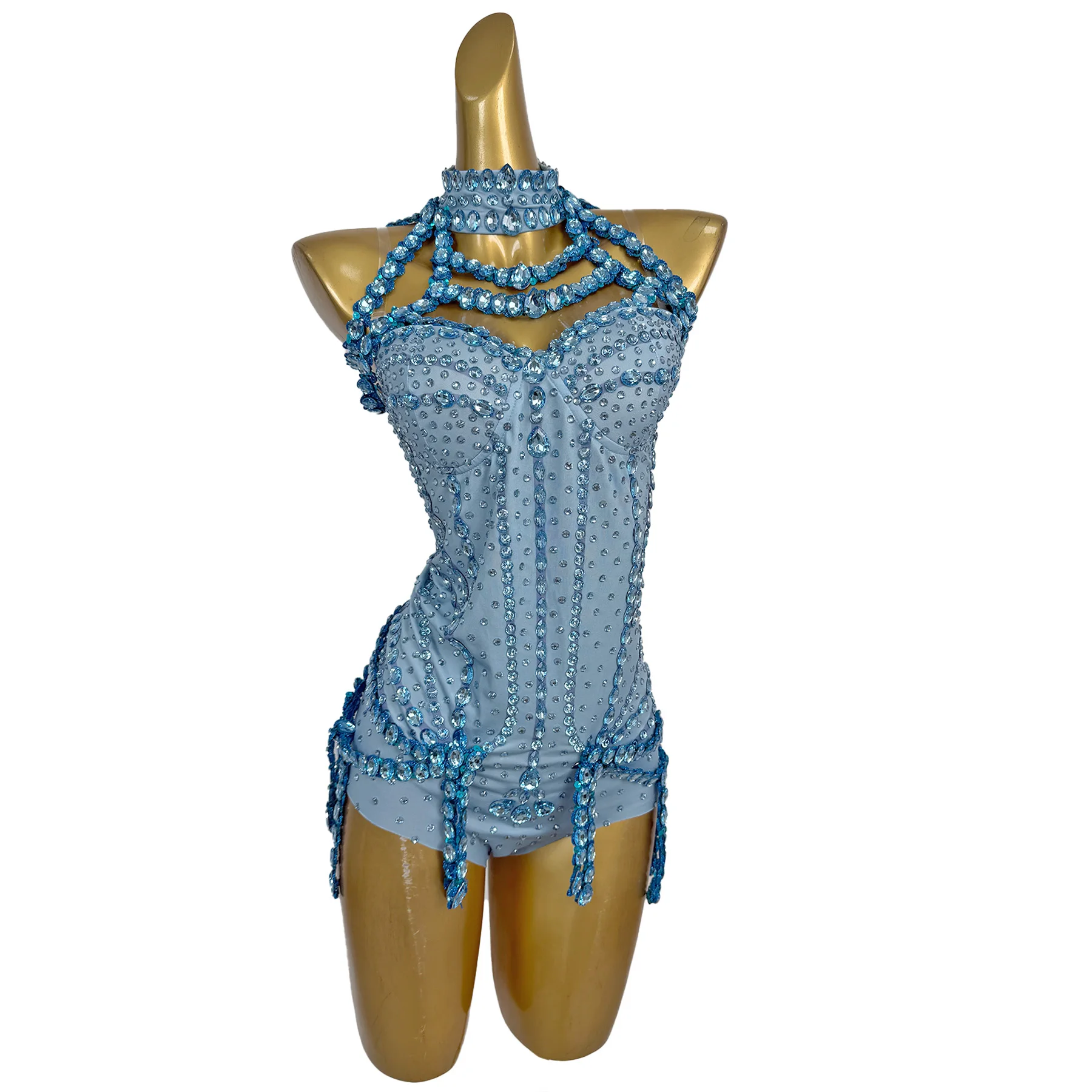 Tianlan مثير بار نادي الأداء زي الأزرق حجر الراين حمالة بذلة مع سلسلة عنق المرأة كوكتيل حفلة موسيقية اللباس
