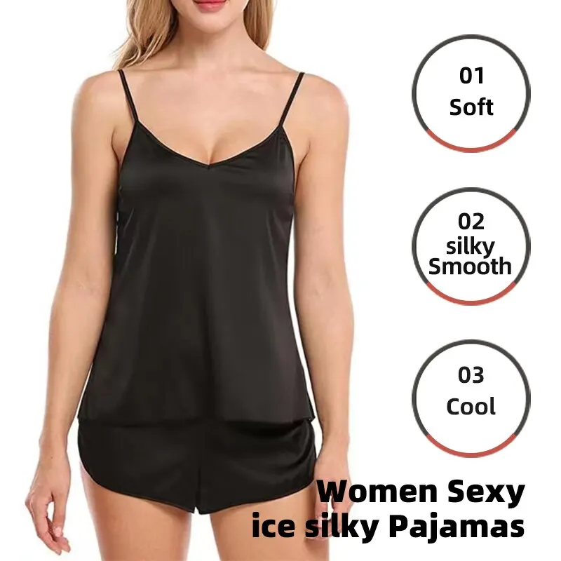 Mulheres Sexy Ice Silky Pijamas Nightclothes Sleepwear Camisola E Shorts Branco Preto Cinza L XL XXL Confortável Casual Verão