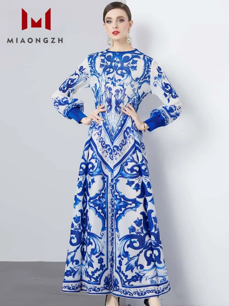 موضة مطوي فستان مُزين بطباعة للنساء س الرقبة طويلة الأكمام المرقعة 2025 ربيع ربيع الخريف جديد أنيق فساتين الحفلات النسائية