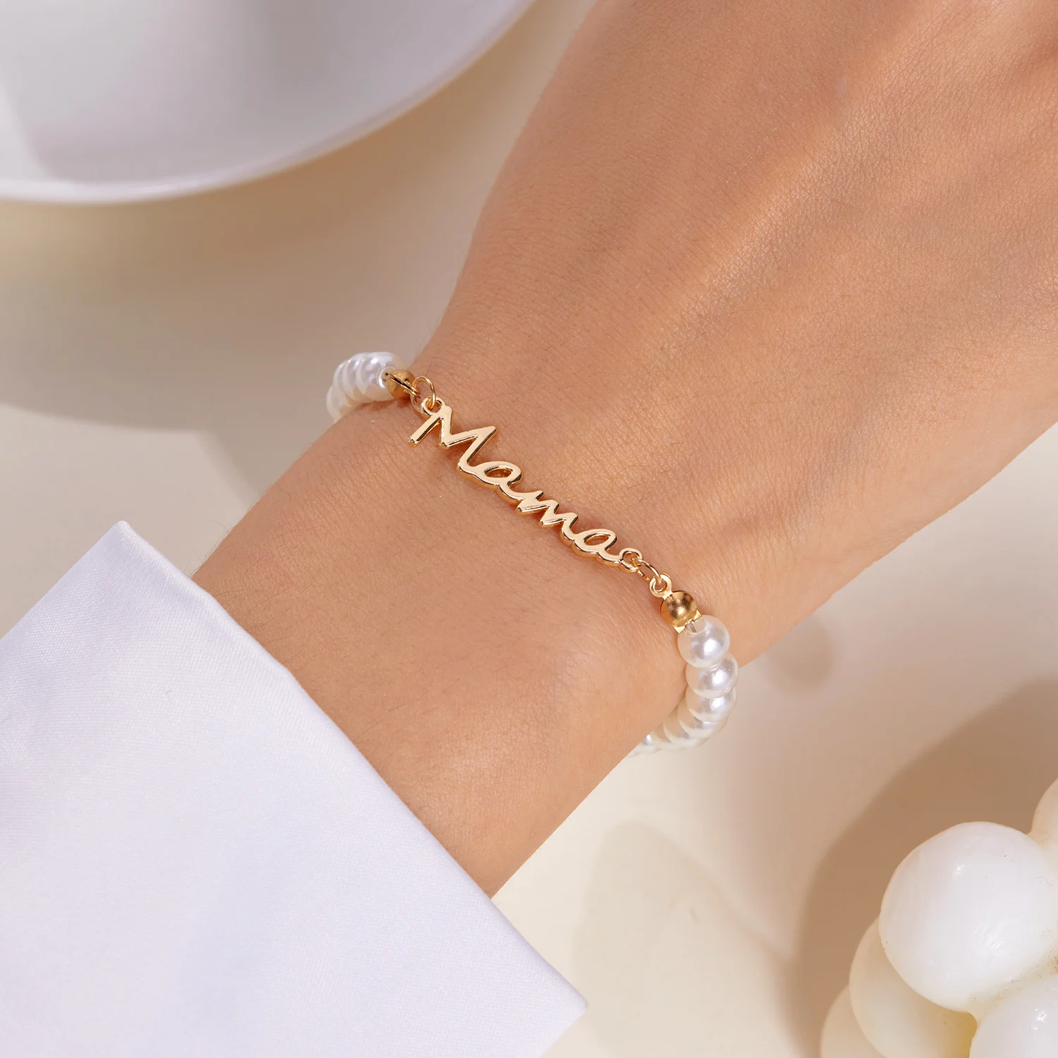 Imitation Pearl Letter Mama Pendant Bracelets Fashion Charms Stainless Steel Chains Bracelet for Women Jewelry Mother\'s Day Gift
