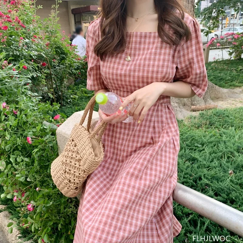 Vintage Cute Dresses Woman Summer Short Sleeve Bow Tie Lace-Up Slim Waist Korean Style Japan Design Cotton Plaid Dress Pink 5826