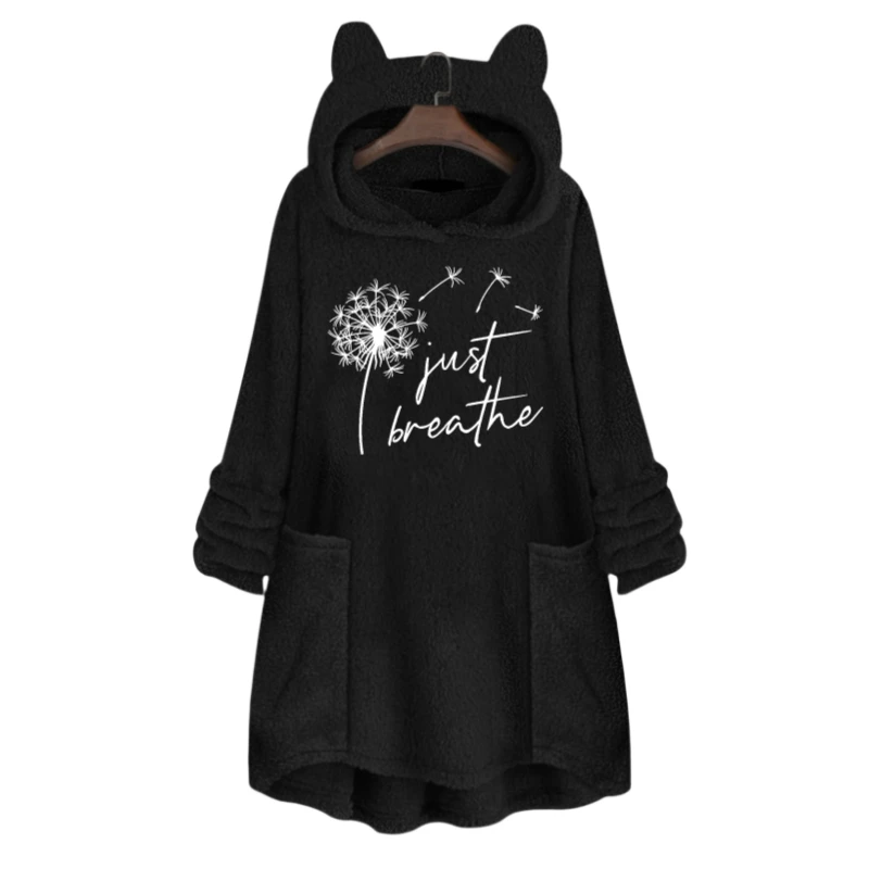 Autumn and Winter Plush Letter Cartoon Print Hooded Pullover Cat Ear Hat with Flap Pocket Pantss on Both Sides Loose Casual Sweatshirt Hoodie