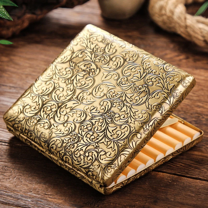 Retro Smoke Box Cigarette Case for 20 Man Cigarettes Copper Hand-carved Cigarette Flick Case Holder Smoking Tools Gifts with Box