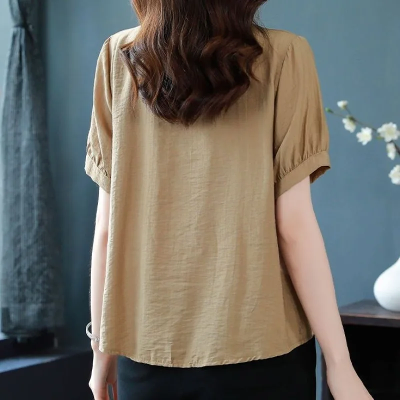 2024 Short Sleeve Blouse Polo-Neck Summer Commute Casual Solid Color Age Reduction All-match Button Slim Women's Clothing Tops