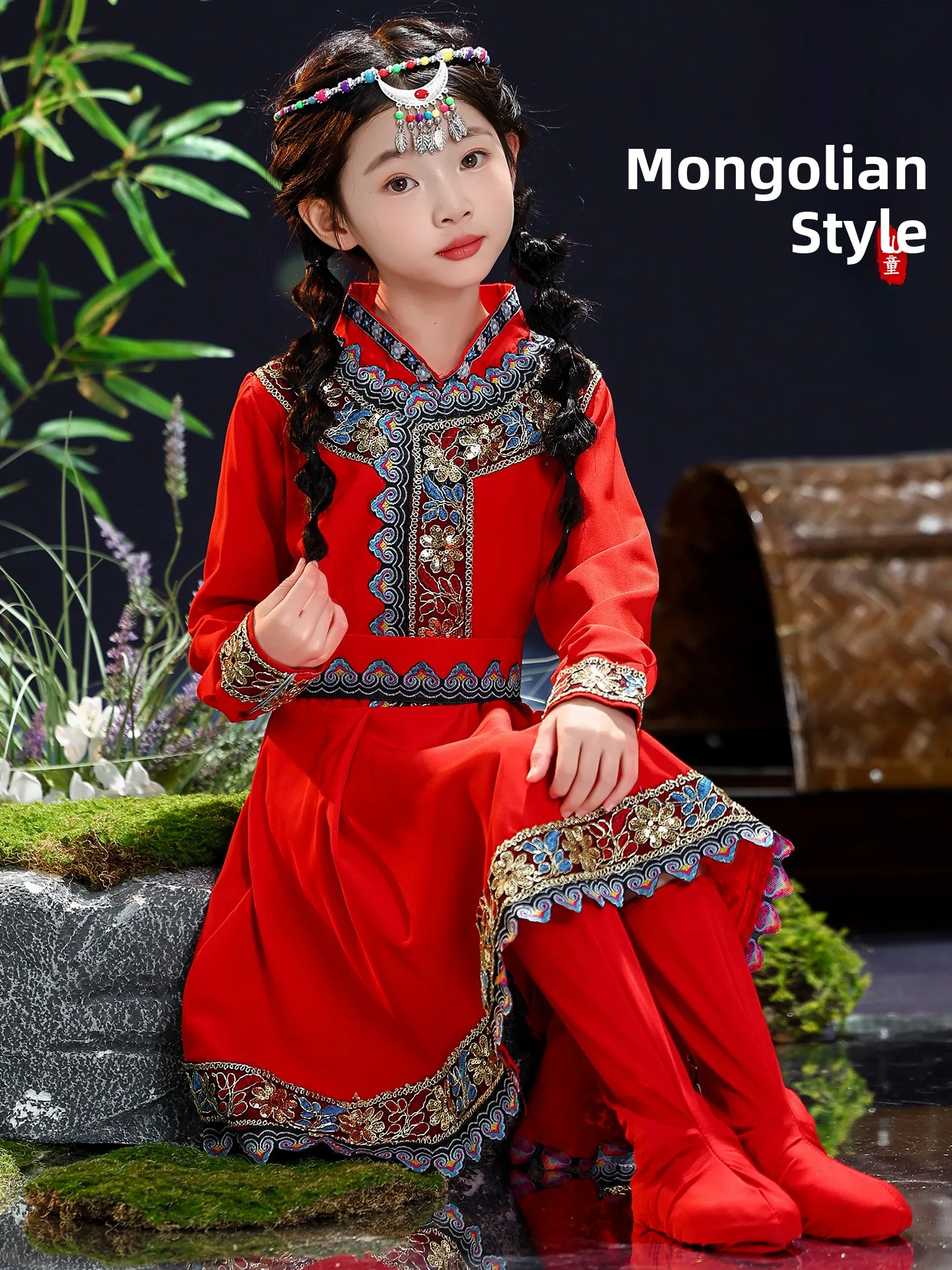 

Монгольский этнический детский танцевальный костюм: белая роба для девочек, традиционная одежда для сценических выступлений