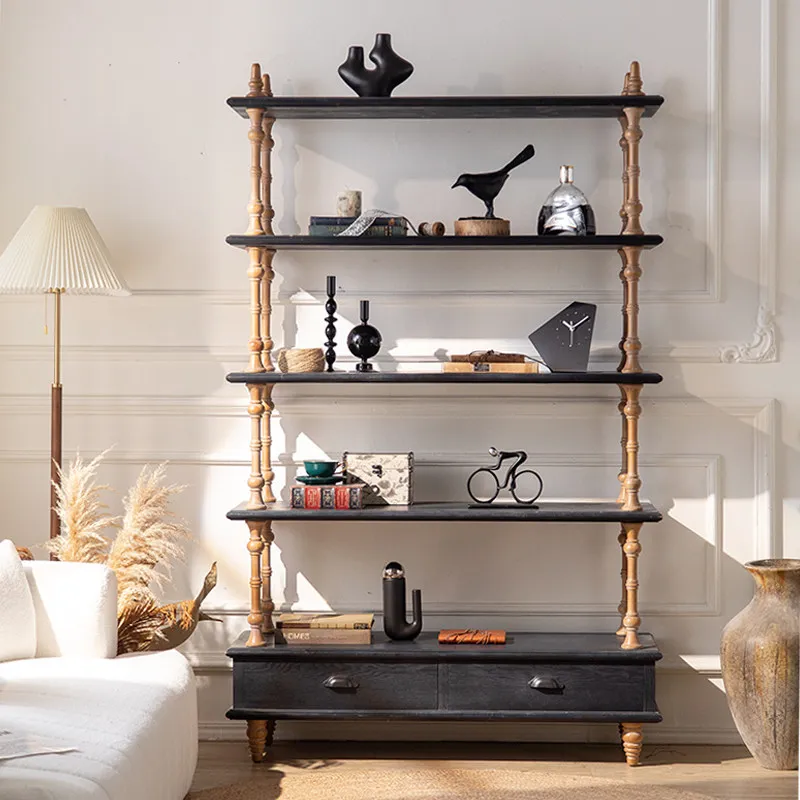 American retro shelf drawer type home living room flower stand floor to ceiling multi-layer black solid wood display stand