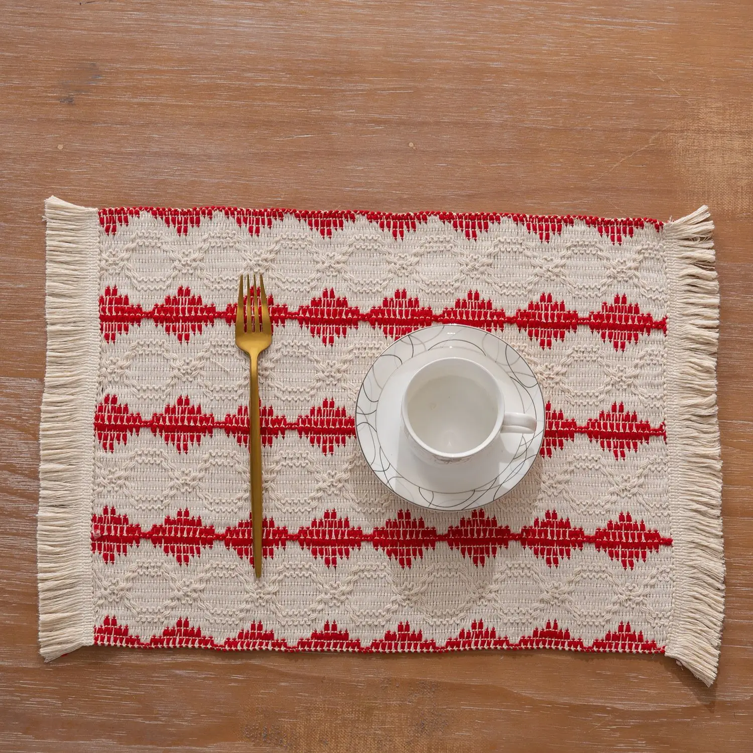 Cotton Leprosy Woven Tableware Mat, Tassel Insulation Mat, Two-color Splicing Western Food Mat, Fabric Dining Mat