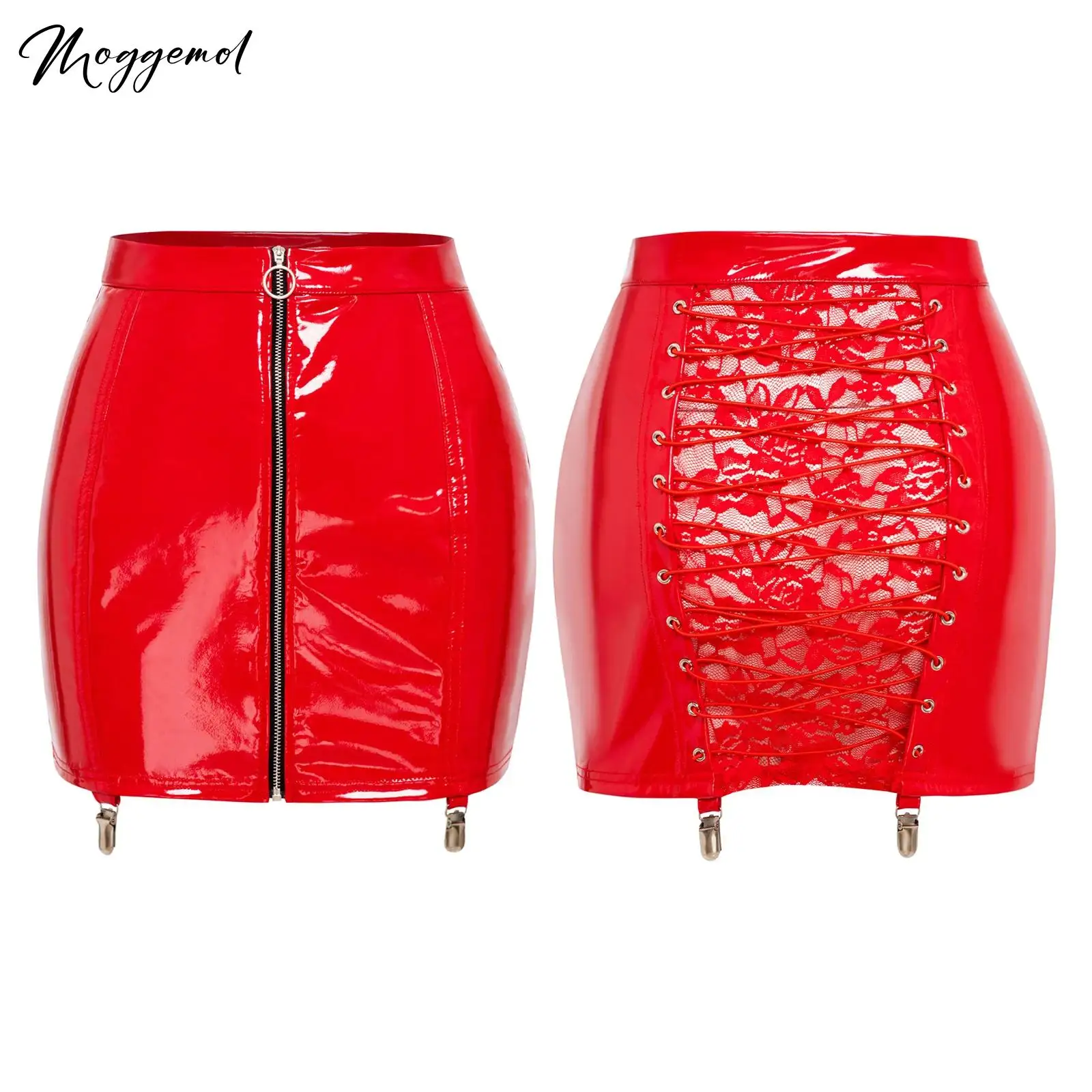 Womens Sexy Lingerie Leather Mini Skirts Front Zipper See Through Back Sheer Floral Lace with Lace-up Bodycon Skirt Clubwear