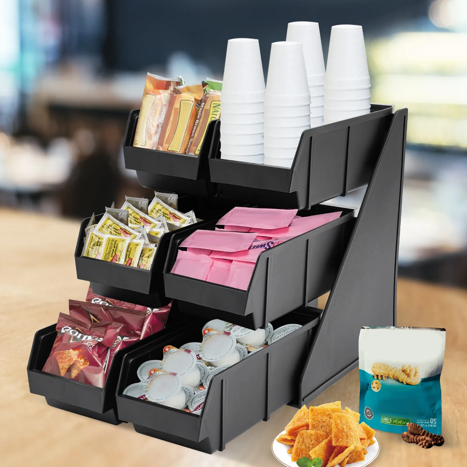 

6 Compartment Serve Condiment Bin,Plastic Containers Storage Bins, Countertop Organizer, 3-Tier Self Serve Condiment Bin Stand