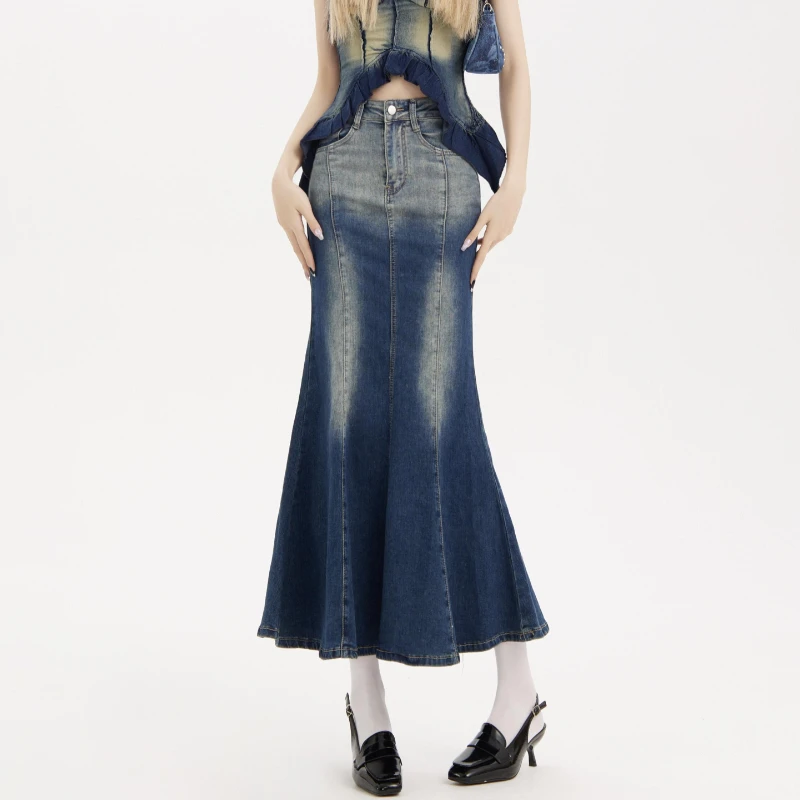 

Korean Style Spring Fall Women High Waisted Bleached Trumpet Skirt , Summer Woman Slim Denim Long Mermaid Skirts