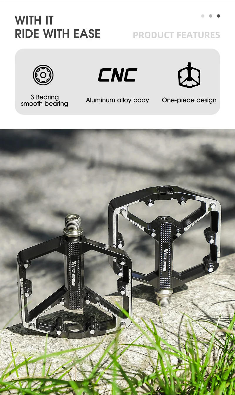 WEST BIKING 3-Lager Fahrradpedale aus Aluminiumlegierung für MTB, Mountainbike, Rennrad und BMX - Rutschfeste Flachpedale als Fahrradzubehör – Detail 3