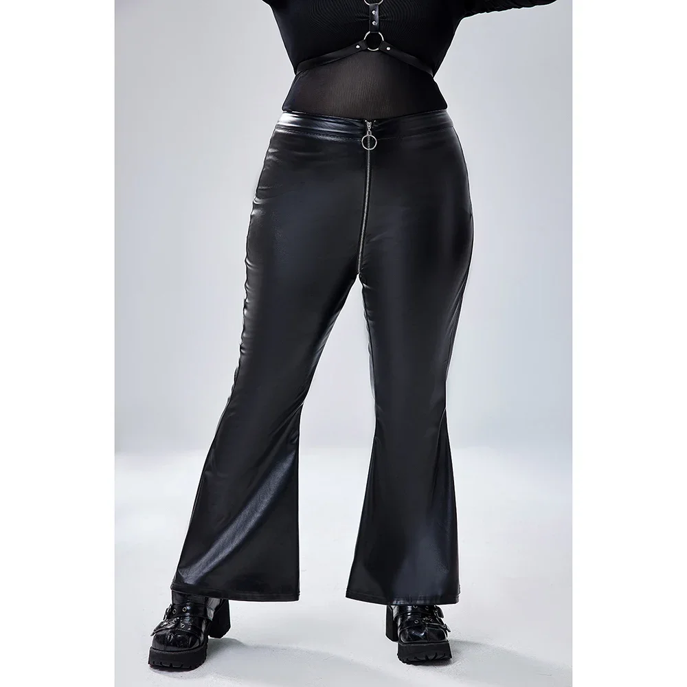 Plus Size Halloween Costume Gothic High Waist Zipper PU Leather Black Flared Pants