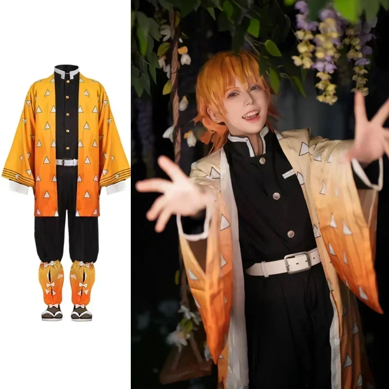 

Хэллоуин аниме Demon Moordenaar Kimetsu No Yaiba Agatsuma Zenitsu косплей tuum Pruik Vrouwen Kimono Uniform
