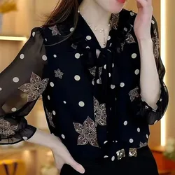 Clothes for Women Stylish Print Lace-up Bow Chiffon Blouses Office Lady Elegant Commute Shirts Three Quarter Sleeve Loose Tops