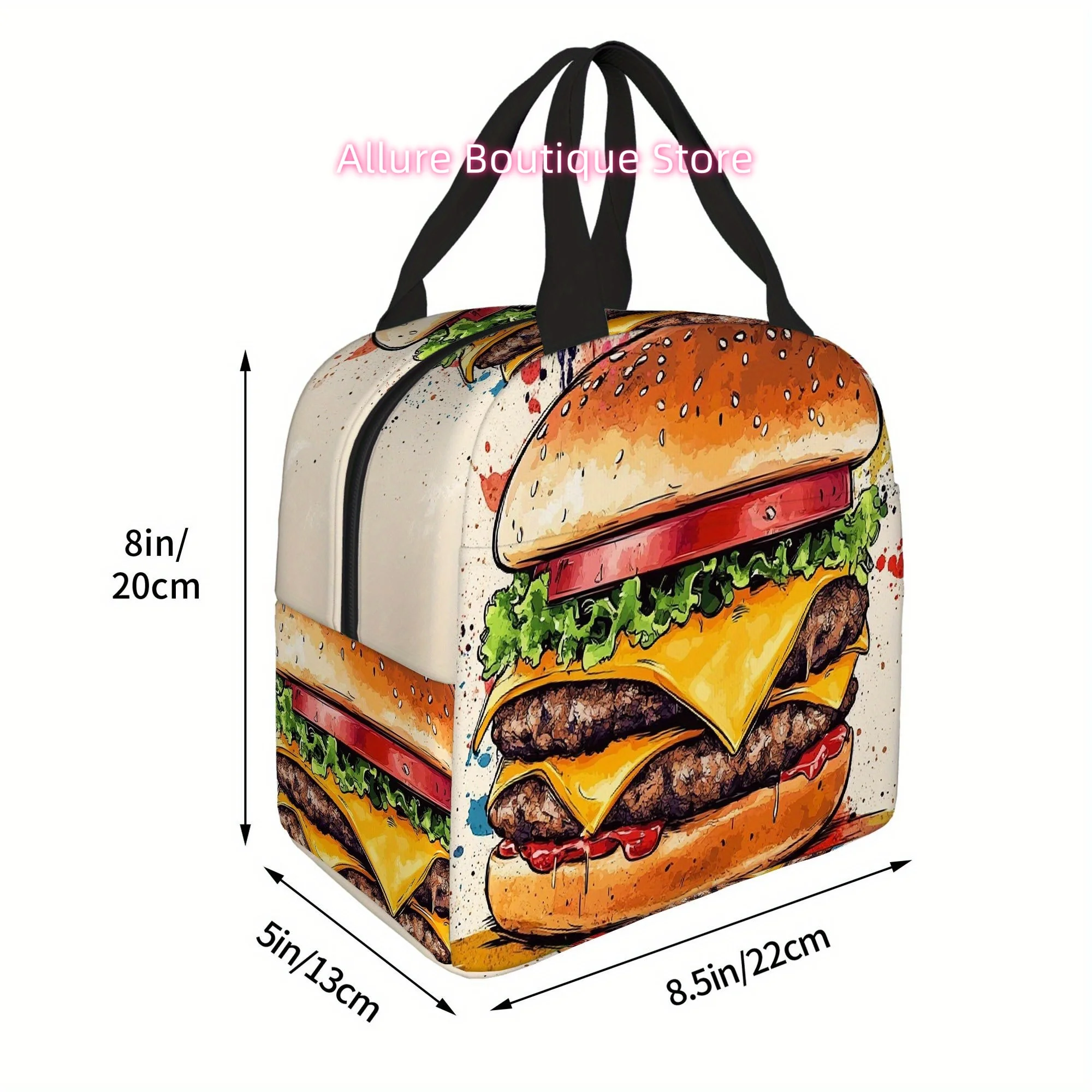 1pc Double Cheeseburger Print Insulated Thermal Bag - Vibrant Hamburger Design with Cheese, Lettuce, Tomato & Condiments, Non-Fo