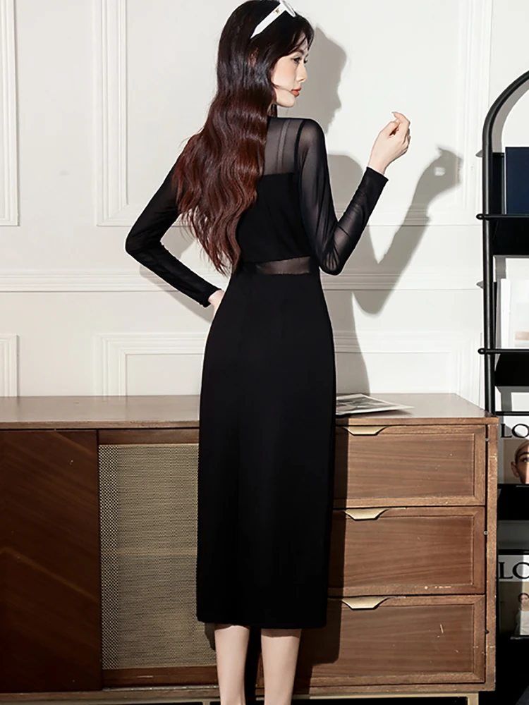 Outono inverno preto retalhos malha pura sexy vestido longo feminino elegante bodycon vestido 2025 coreano vintage bodycon vestidos de luxo