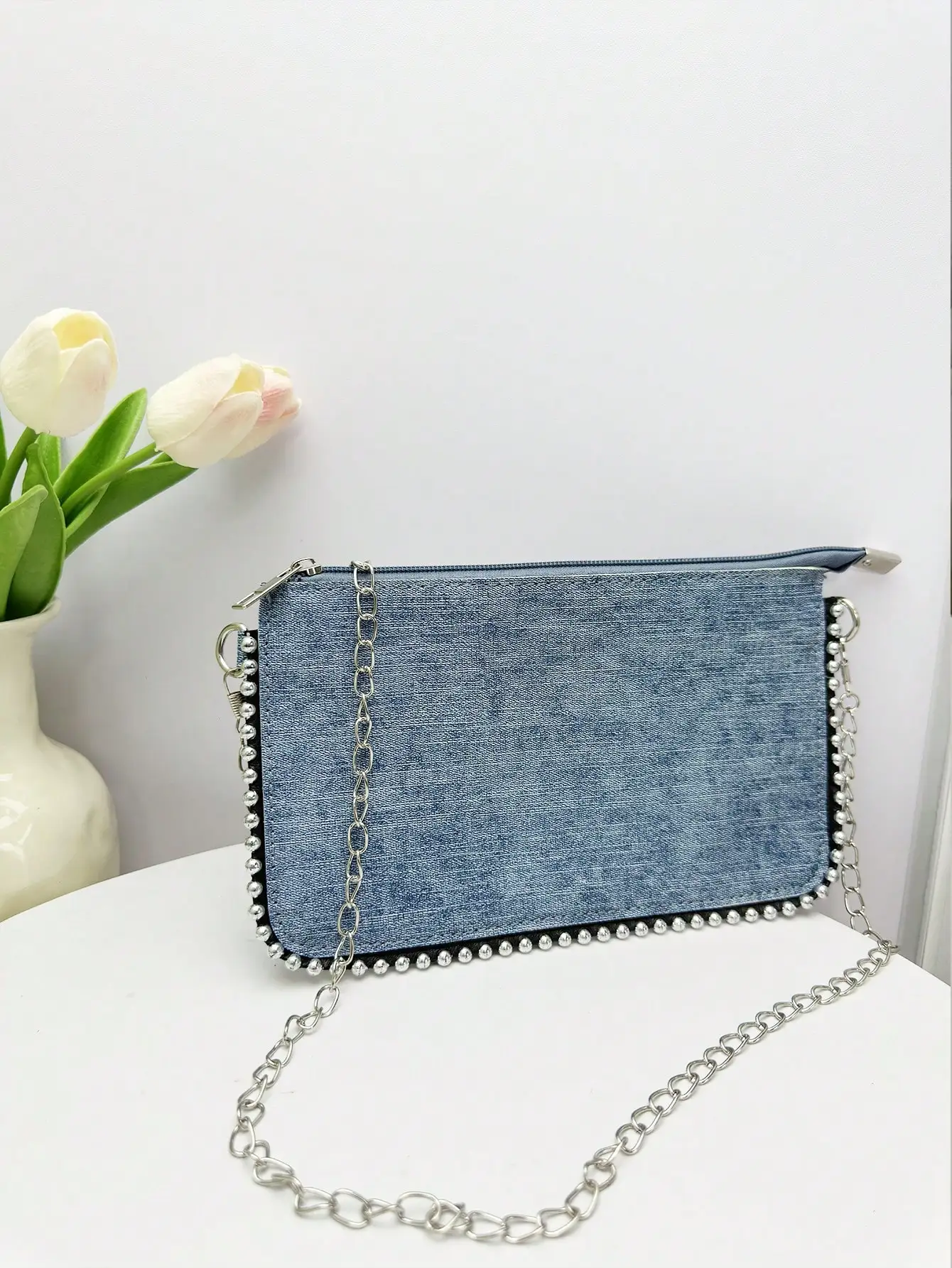 

Denim-Style Crossbody Bag with Pearl Trim and Chain Strap