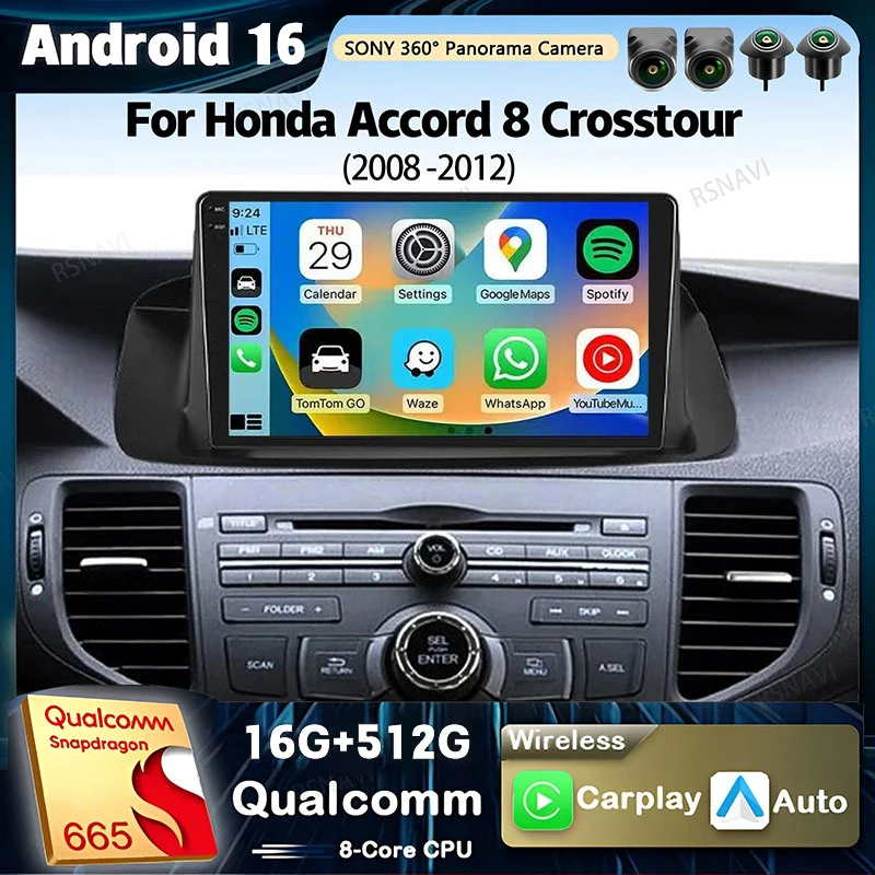 Radio para Auto con Android 16 y Carplay para Honda Accord 8 Crosstour 2008 - 2012, Reproductor Multimedia de Video, Navegación GPS, Estéreo 2Din, DVD, DSP