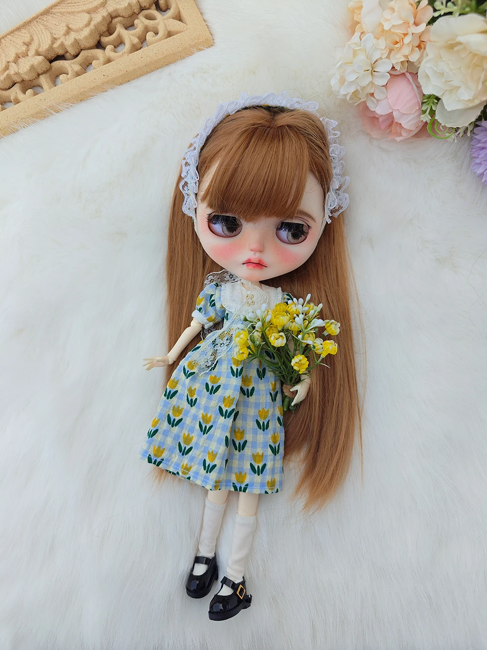 

blythe doll clothes dress set tulips Green floral dress ob22 ob24 azone handmade doll clothes doll accessories