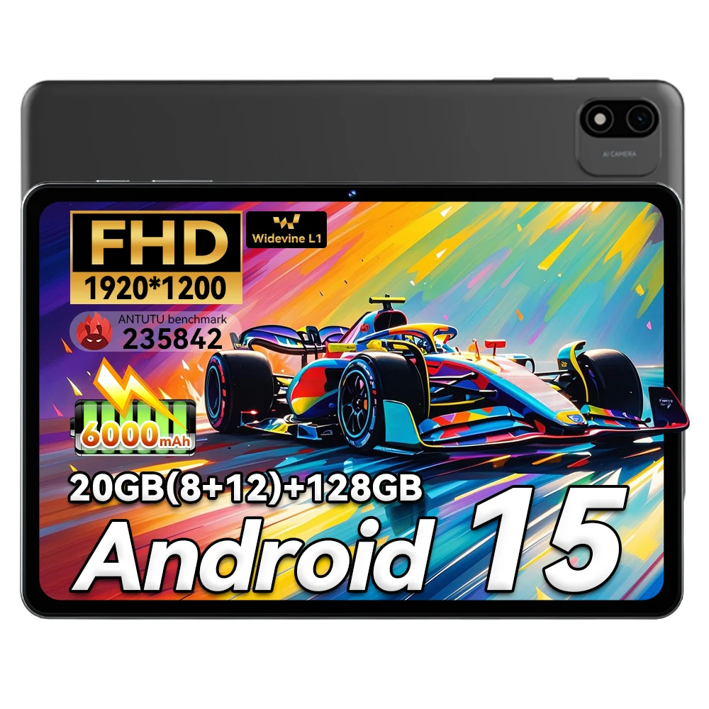 Headwolf WPad6B Tablet WiFi Android 15 CPU T615 da 10,1 pollici, FHD 1920 * 1200, 8+12 GB di RAM + 128 GB di ROM/Widevine L1/6000 mAh