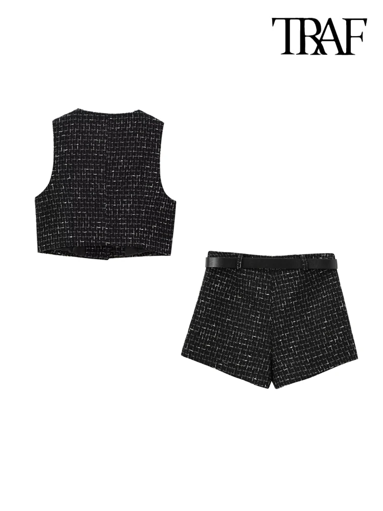 TRAF Women Fashion With Gold Buttons Tweed Waistcoat And High Waist With Belt Shorts Skirts Female Two Piece Sets Mujer
