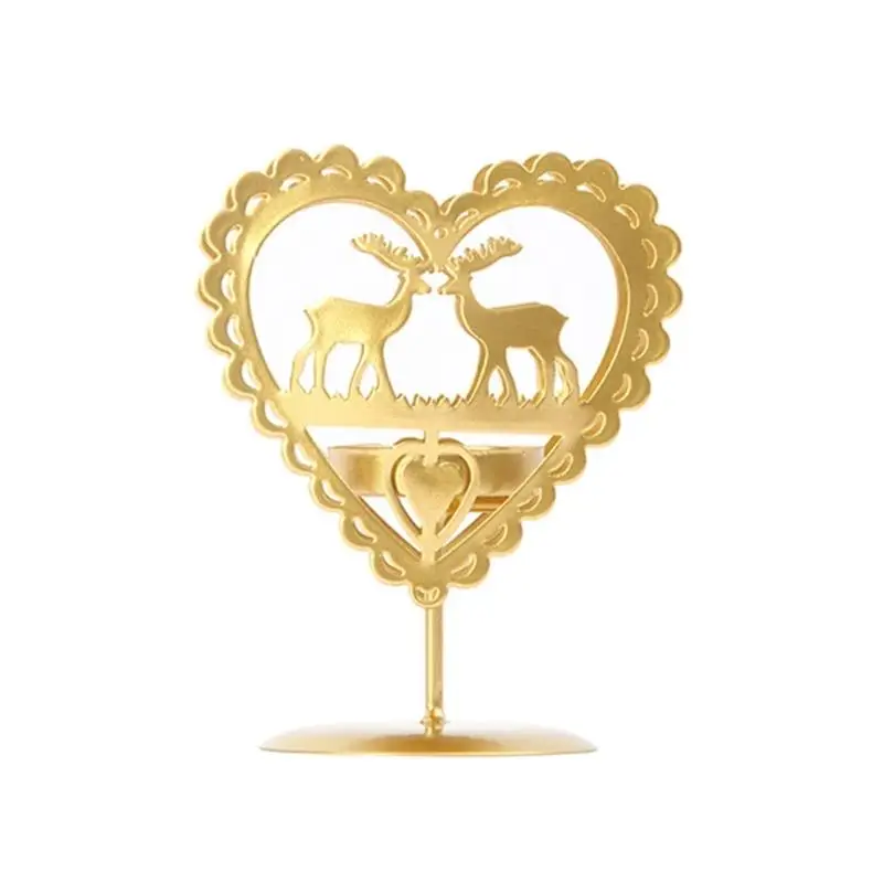 652F Antique Home Accent Pillar Holders, Heart Deer Cutout Metal Tabletop Decors with Hollowed Frame and Freestanding Round Base