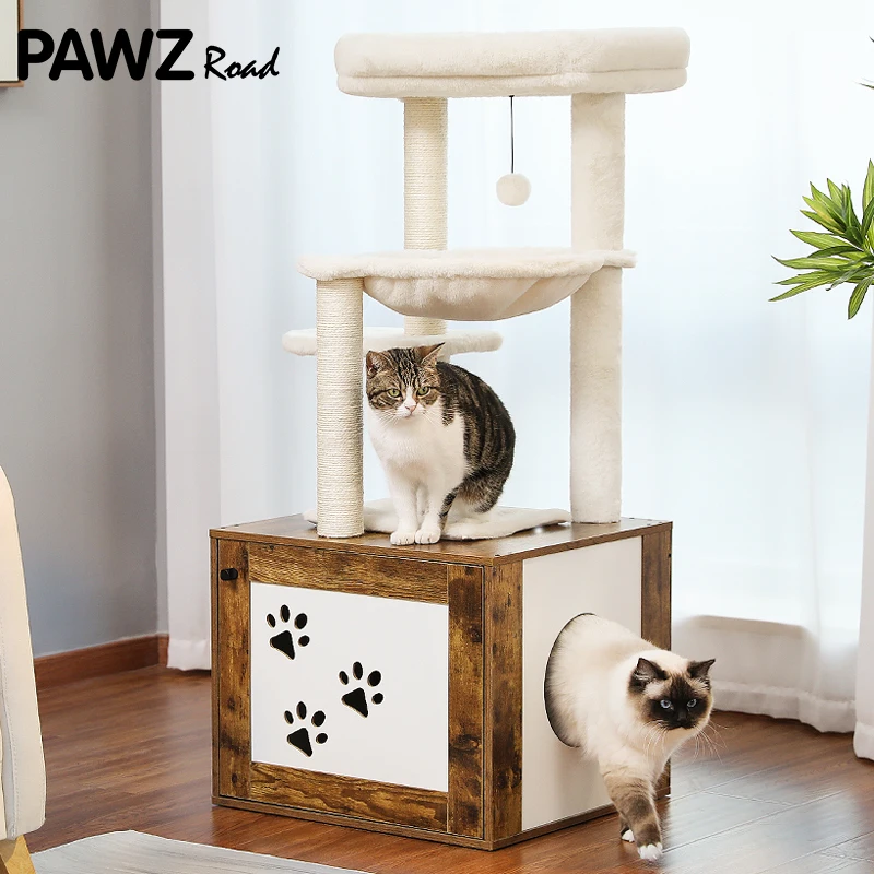 

Luxury Cat Tree with Cabinet Modern Cat Tower High-Grade Wood Furniture with Litter Box House Large Top Perch Nests Cat Toys