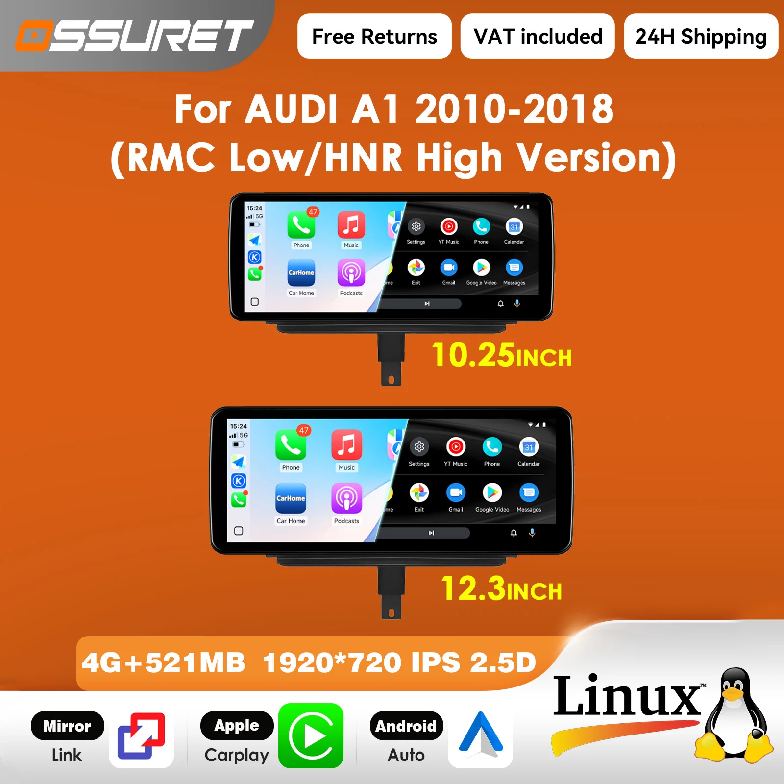 12,3-Zoll-Carplay-Linux-5.4-Autoradio für AUDI A1 8X 2010-2018 RMC HNR-System Multimedia-Videoplayer T113-i Dual-Core USB BT Mirror Link 10,25"-Bildschirm