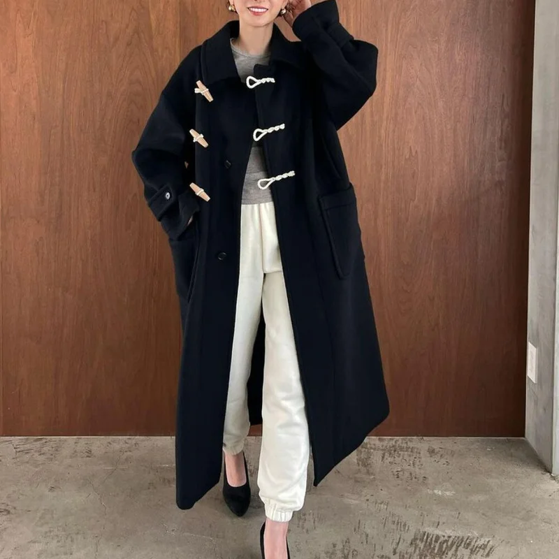 Kuzuwata Autumn Winter Clothes Women Jacket Japanese High-end Wool Blended Long Horn Buckle Loose Coat Fashion Jaqueta Feminina