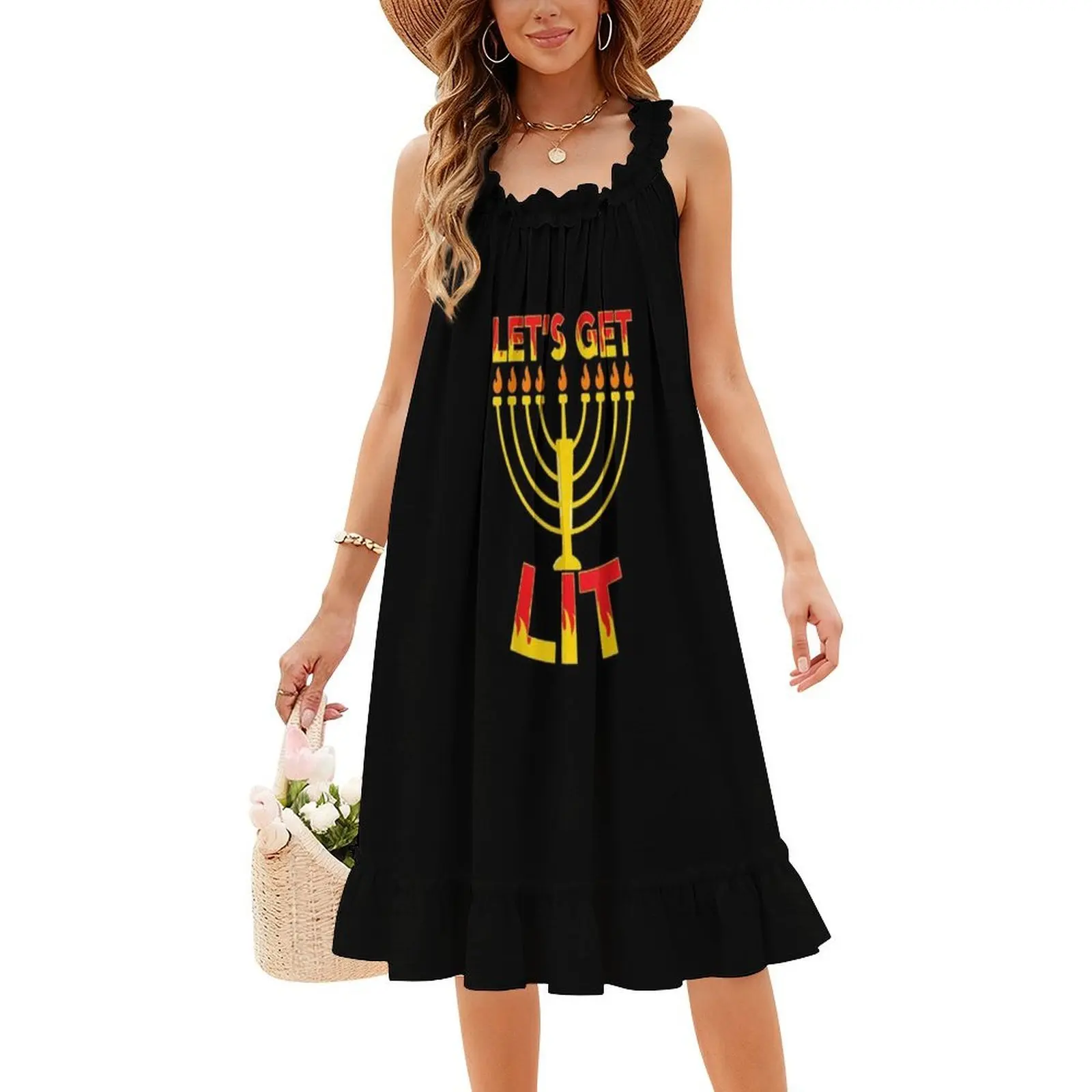 Let39 ; S Get Lit Funny Juish Hannukah Candle Holiday Vestido de fiesta elegante para mujer Vestido de corte A con corto/largo/sin mangas