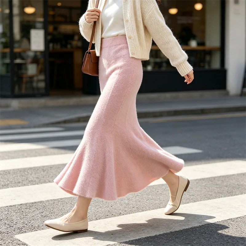 Women Faux Mink Knit Mermaid Skirt High Waist Soft Fuzzy Warm Sweater Skirt Fall Winter Elegant Bodycon Long Midi Skirts 636