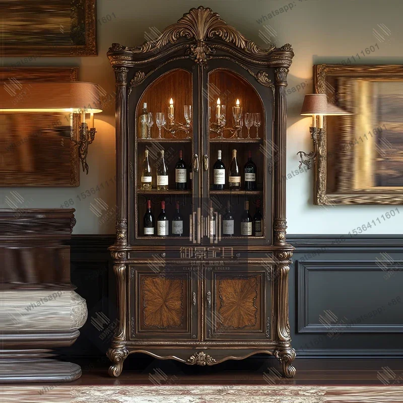 خزانة مشروبات من الخشب الصلب الفرنسي بباب مزدوج وخزانة زجاجية مزخرفة وأرضية خزانة حائط لغرفة المعيشة #2