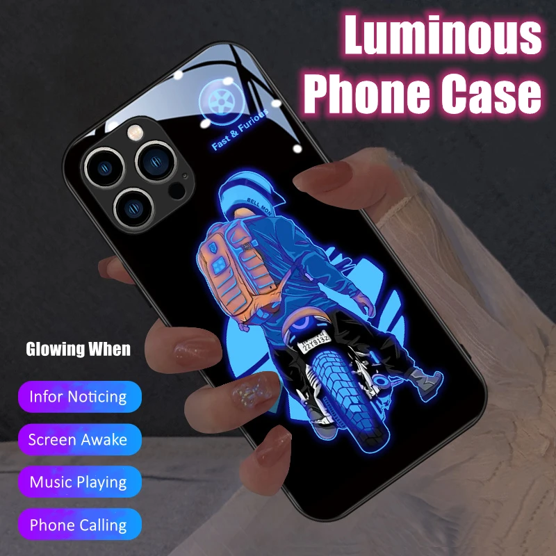 

Motorcycle Rider LED Light Glowing Luminous Phone Case Boyfriend Gift for Samsung S24 S22 S23 Note 10 20 A14 A54 A73 Plus Ultra