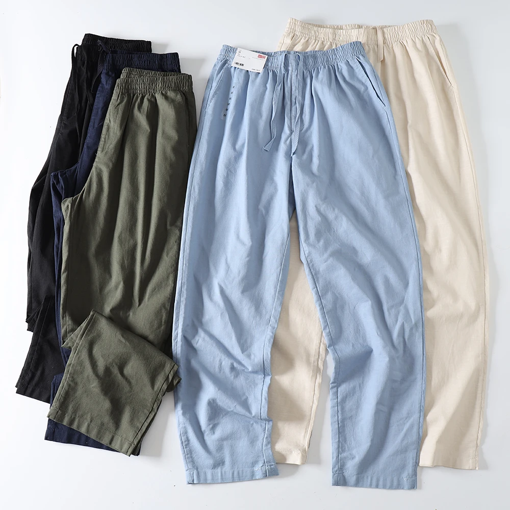 Men's Summer Thin Cotton Linen Blend Breathable Moisture Wicking Elastic Waist Straight Leg Pants Simple Style Casual Trousers