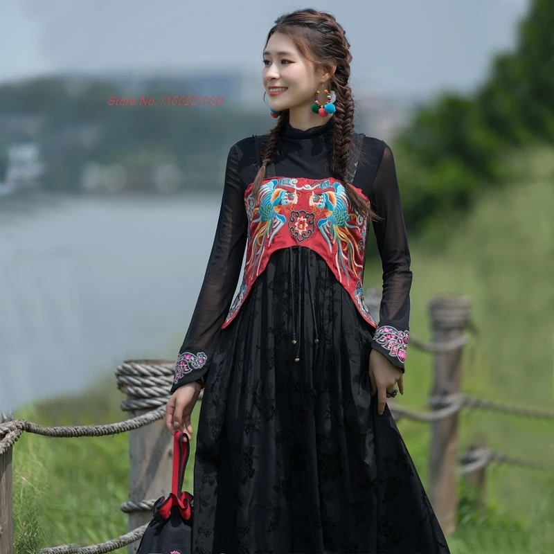 

2025 chinese vintage satin jacquard patchwork dress national flower embroidery sleeveless dress oriental a-line folk dress