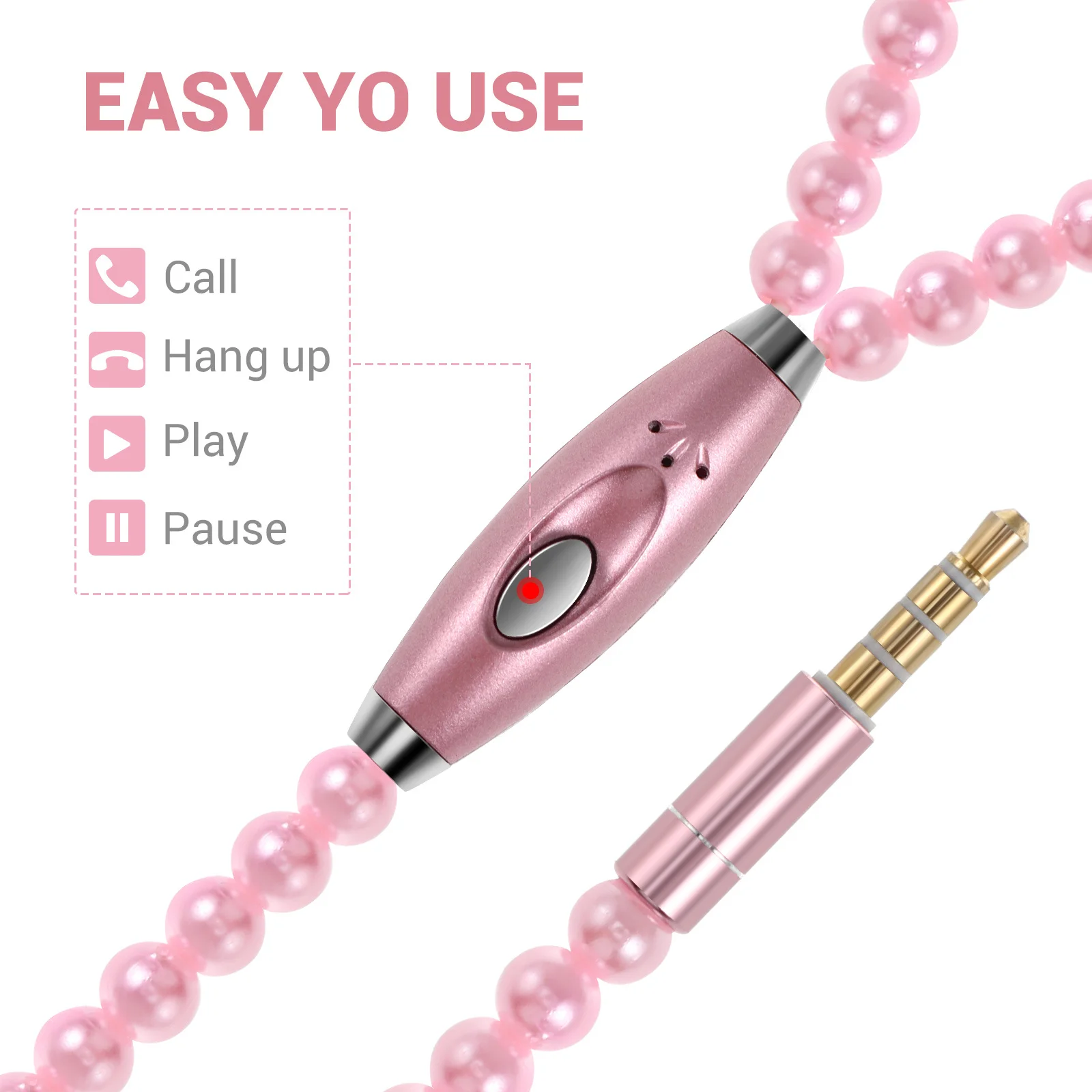 

Pearl Chain Wired in-Ear Headphone Pink Stylish Durable Earphone Mic Noise Isolating Sports Travel Use in-Ear Headphones