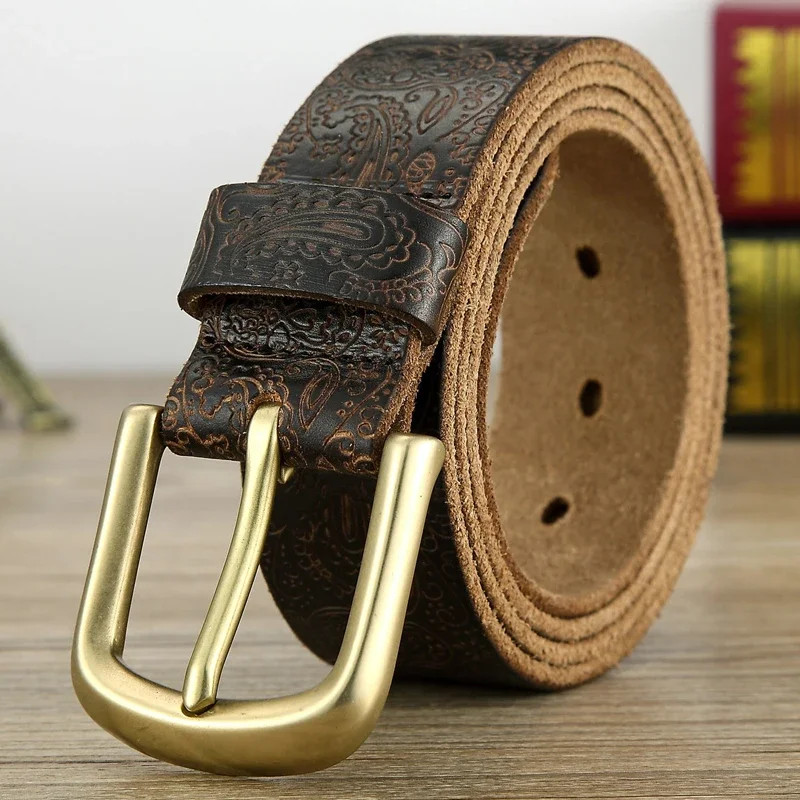 Belt Men's Trend Brass Pin Buckle Handmade First Layer Cowhide Retro Brass Men's Leather Belt Casual Pants Belt