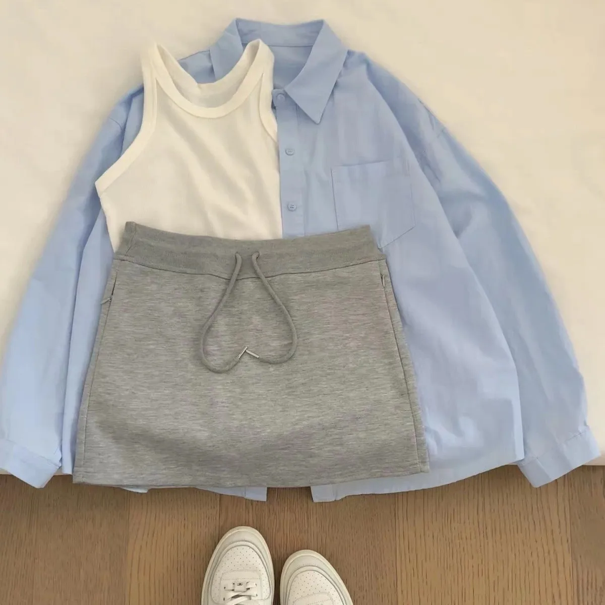 Girls Summer Outfit Set New Children's Pure Color Long Sleeve Shirt + Vest + Halter Skirt Casual Three-Piece Kids Clothing Set